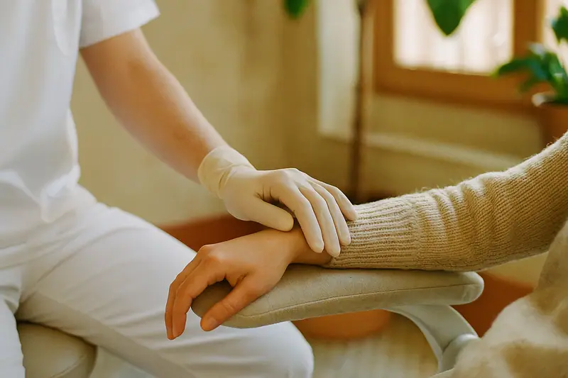 La mano enguantada de la dentista se apoya con calma en el brazo de un paciente para tranquilizarlo.