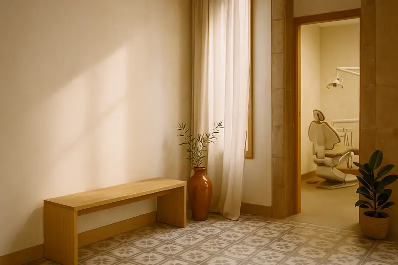 Sala de espera luminosa de la clínica, con suelo de panot del Eixample, banco de roble y cortina de lino.