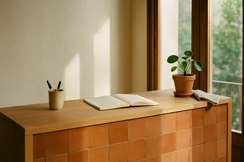 Mostrador de recepción de roble y baldosa de terracota con una agenda de papel abierta y una planta.